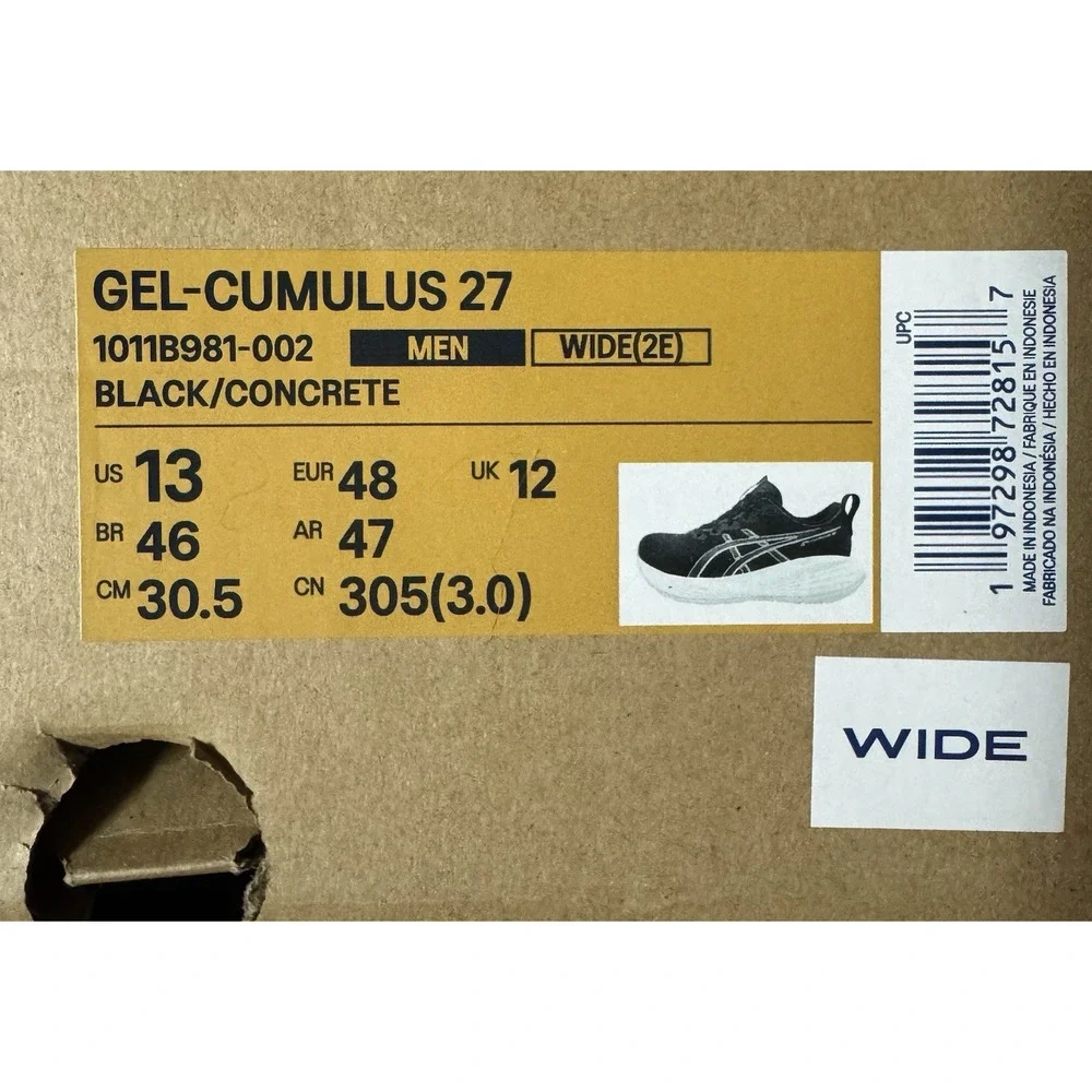 Brand New Asics Gel Cumulus 27 Black Concrete 1011B981-002 Men's Size 13 WIDE